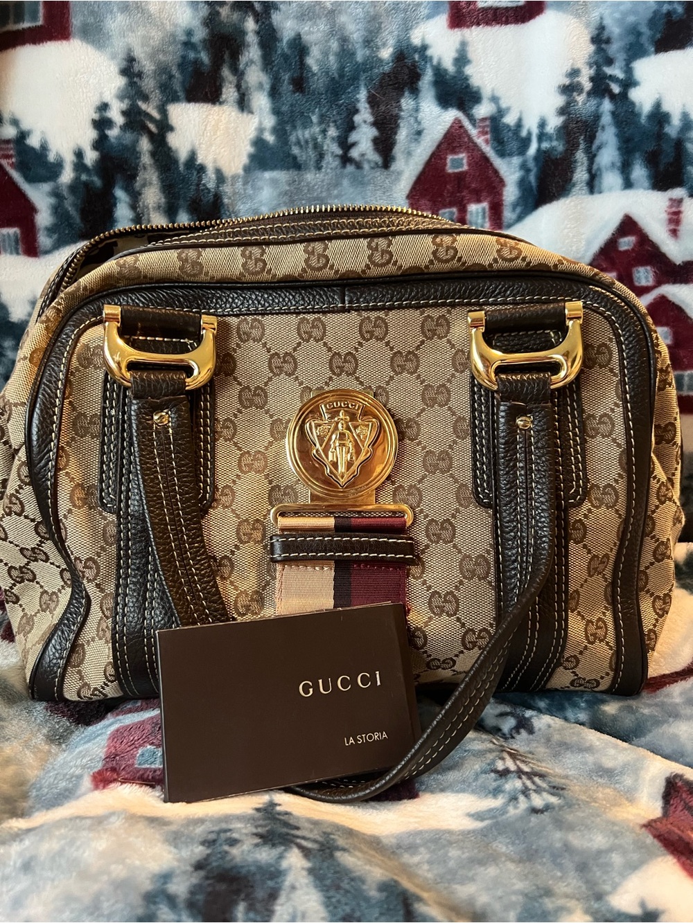 Gucci Beige GG Canvas Satchel with Dark Brown Trim and Gold Hardware
